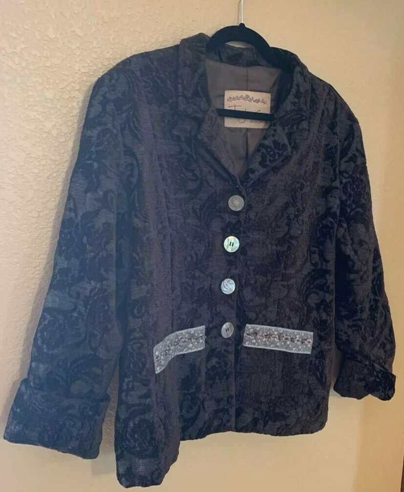 Taylor G. Mujer Traje Chaqueta Negro Damasco Manga Larga Bolsillo Forrado Bordado L Foto 2 de 4