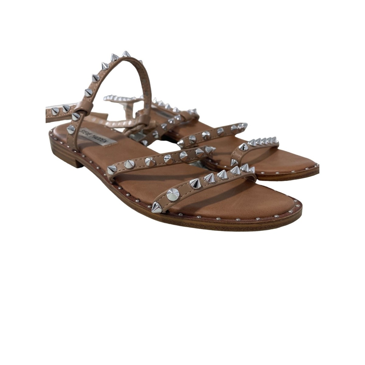 Steve Madden Travel Studded Flat Sandals Women Tan Gladiator Pyramid  Boho