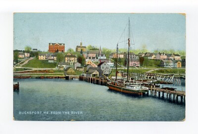 Bucksport ME 1912 postcard, schooner, ship at dock, waterfront buildings