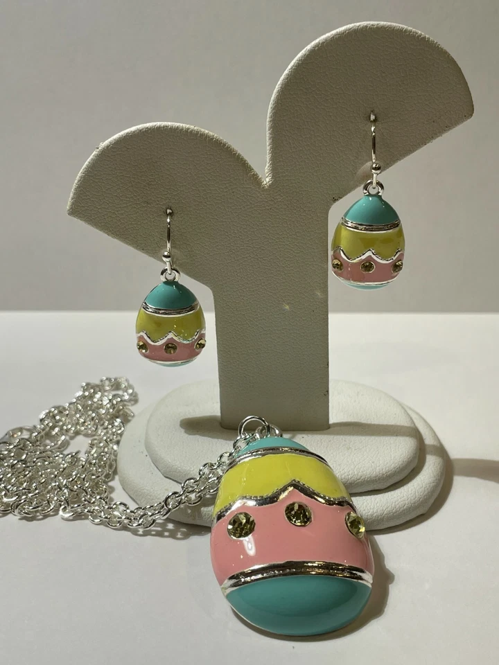 Nwt Rosa Pastello Giallo Smalto Strass Pasqua Uovo Argento Orecchini a Bottone - Immagine 4 di 4