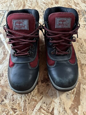 Timberland Field Boot Mid Leather Black/Red Youth Size 5M or Women s 6.5M