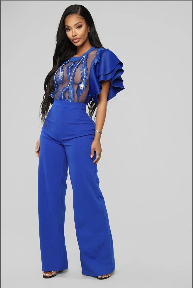 Fashion Nova Royal Blue Rhinestone Flutter Sleeves Wide Leg Jumpsuit XS