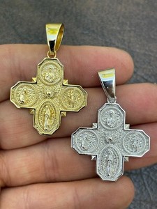 Authentic Real 925 Silver / Gold Plated Four 4 Way Catholic Cross Pendant Men's Miraculous