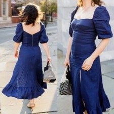 Reformation Belgium Blue Linen Midi Dress Slit Puff Sleeve Size 0