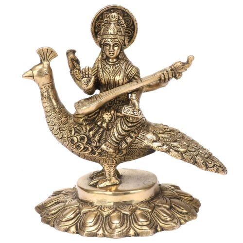 Brass Goddess Maa Saraswati Statue Sitting on Swan Showpiece Religious Murti - Picture 1 of 10