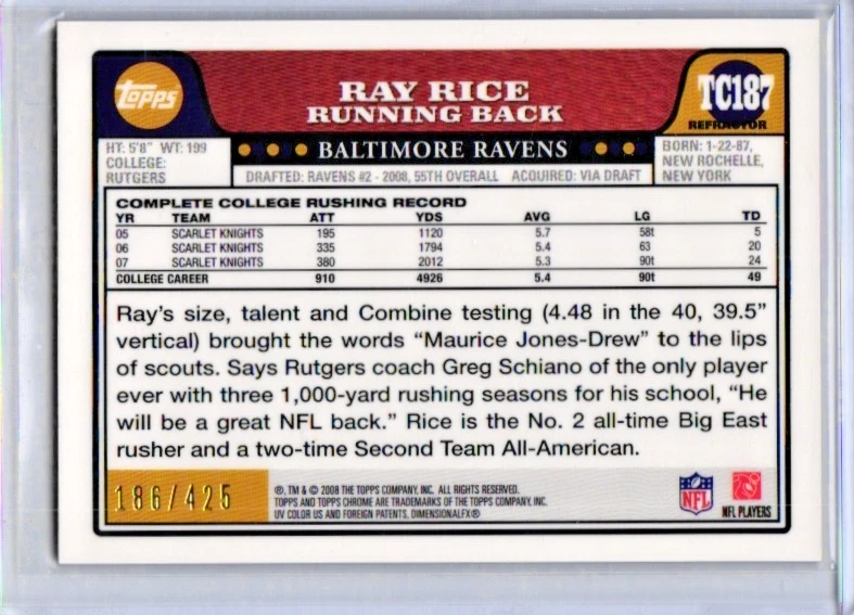 2008 Topps Chrome Copper Refractor #TC187 Ray Rice Ravens /425 RC - Image 2 of 2