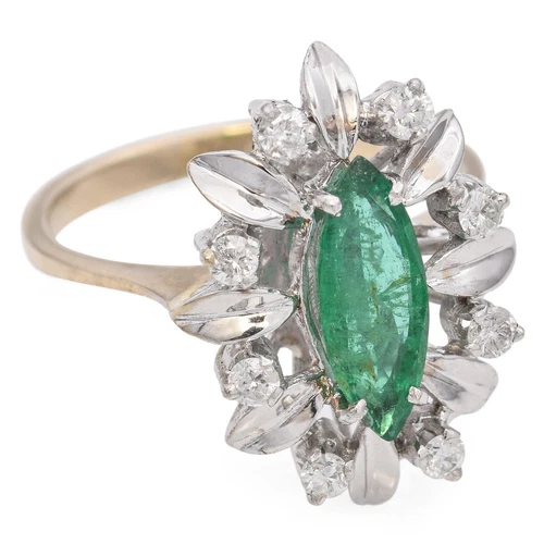 Vintage 18k Yellow Gold Marquise Emerald Diamond Ring - Picture 7 of 7