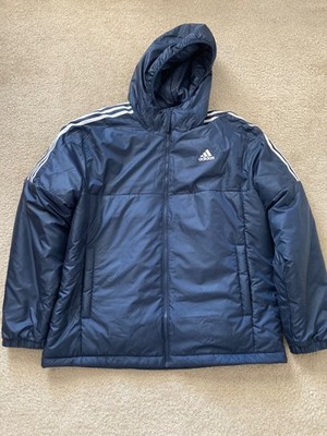 Men's Adidas Essentials Insulated Hooded Jacket L Dark Blue/3-White Stripes NWOT