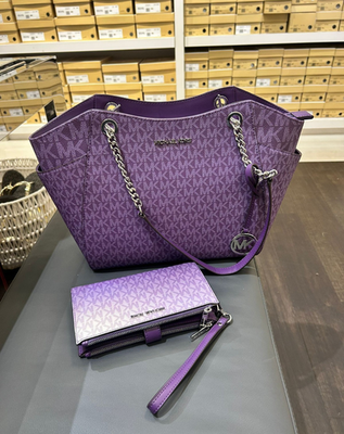 #ad #ad Michael Kors Jet Set Large Logo Chain Tote BagDouble Zip Wallet Dark Purple Set $308.00