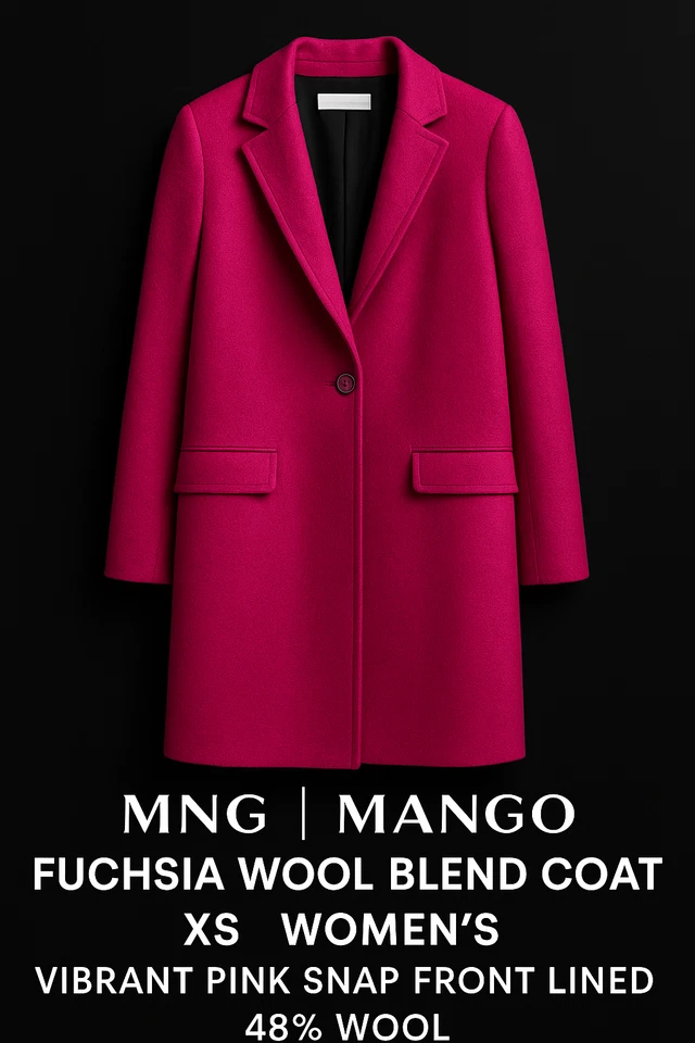 Abrigo MNG Mango Fucsia Mezcla Lana XS Para Mujer Rosa Vibrante Forrado Frontal a Presión 48% W Foto 3 de 4