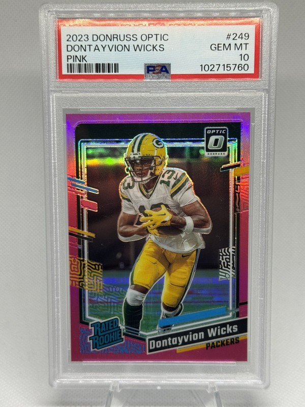 2023 Donruss Optic Dontayvion Wicks PSA 10 Gem Mint Pink Holo SP #249 Rookie RC