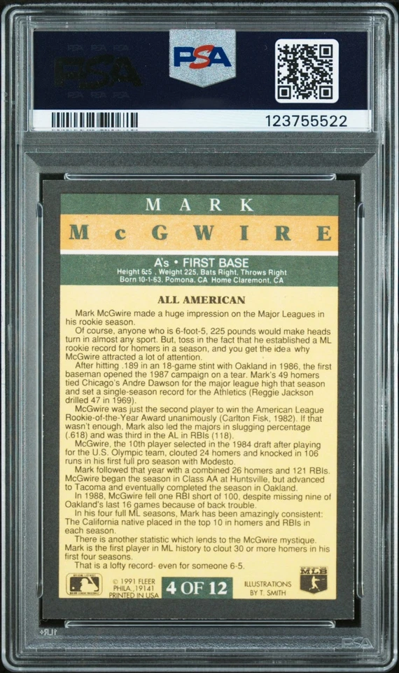 Tarjeta firmada por Mark McGwire 1991 Fleer Pro-Visions #4 PSA 4 automático 10 certificado # 23755522 Foto 2 de 2