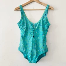 Gottex Retro Swimwear One Piece Swimsuit Bathing Suit Teal Embroidered Tie 12
