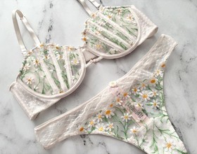 Victoria's Secret Dream Angels Set Daisy Chain Embroidered Balconette Bra Thong