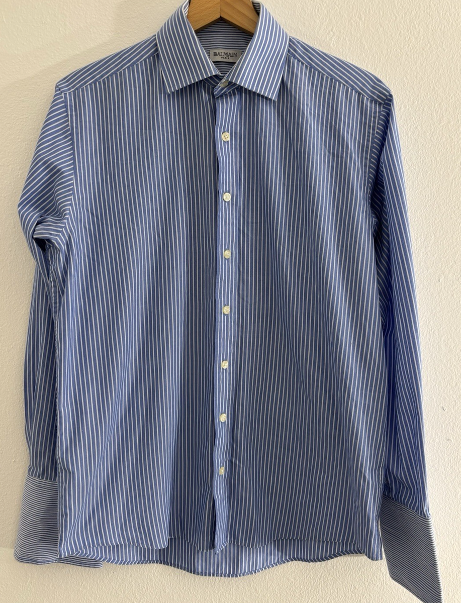 Balmain Paris Blue White Stripe Button-Down Dress Shirt Size 15