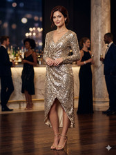 TFNC London Women's Gold Sequin V-Neck Long Sleeve Wrap Midi Dress Size M UK 12