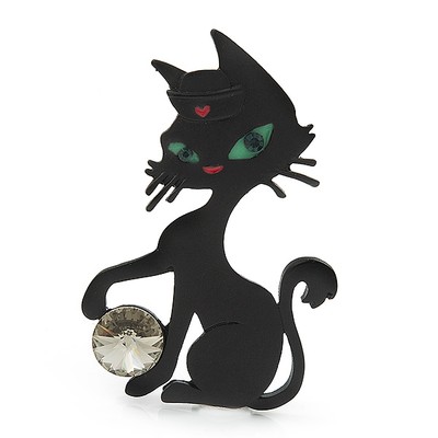 Schwarze matte Brosche ''Kätzchen mit grünen Augen'' - 5,5 cm Länge