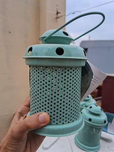 Hanging Metal Lantern Candle Tealight Holder Light Blue Balcony Decor Set of 2 - Picture 7 of 12