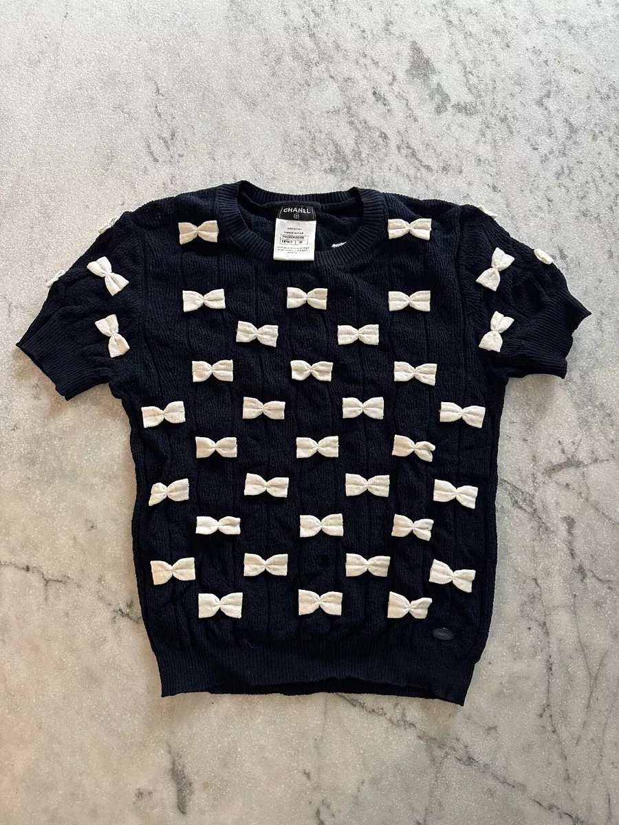 CHANEL Ribbon Knit Navy Tops Navy White Ribbon Short Sleeve Size 36