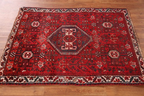 Red/ Ivory Nomadic Wool Geometric Traditional Rug 4x5 ft Handmade Carpet - Picture 16 of 23