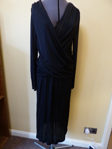 FENN WRIGHT MANSON Black Jersey Draped V Neck Fit & Flare Dress Size 16 VGC