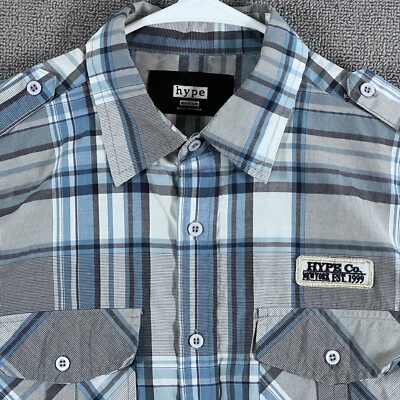 Hype Shirt Mens Medium M Button Up Short Sleeve Plaid Blue