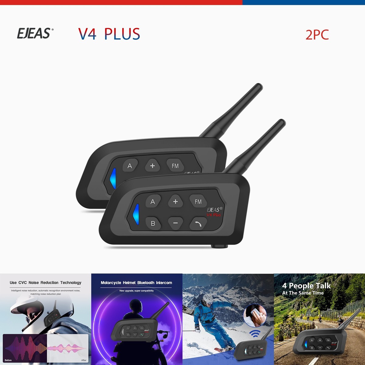 EJEAS V4 Motorcycle Helmet Bluetooth Intercom Riders 1500M Talk