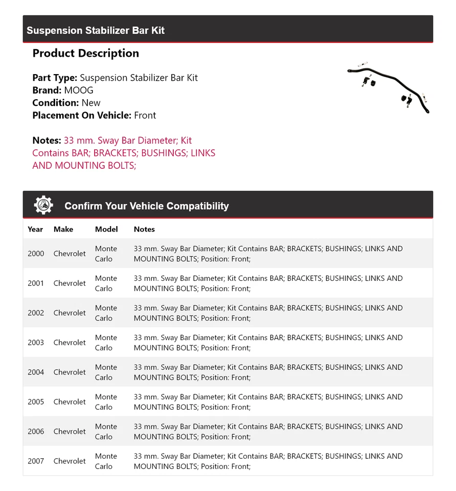 Kit de barra estabilizadora de suspensão dianteira MOOG para Chevrolet Monte Carlo 2000-2007 - Imagem 2 de 4
