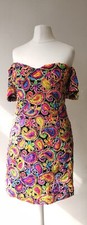 12, Black Purple Yellow Embroidered Paisley Print Bardot Short Dress, Festival