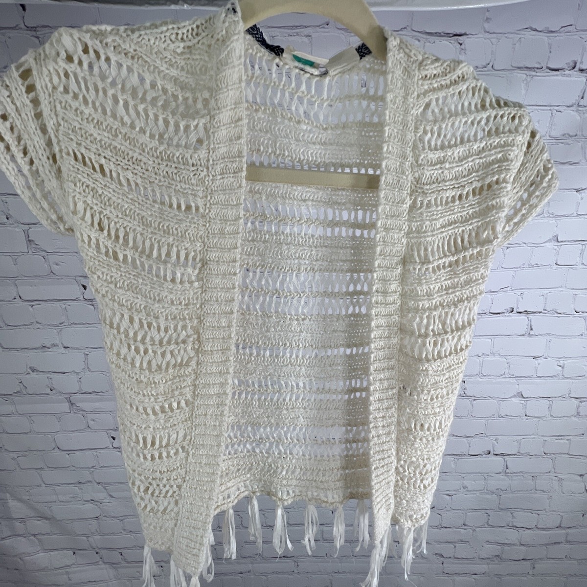 Roxy Girl Ivory Crochet Cardigan Short Sleeve Fringe Hem Top Boho 