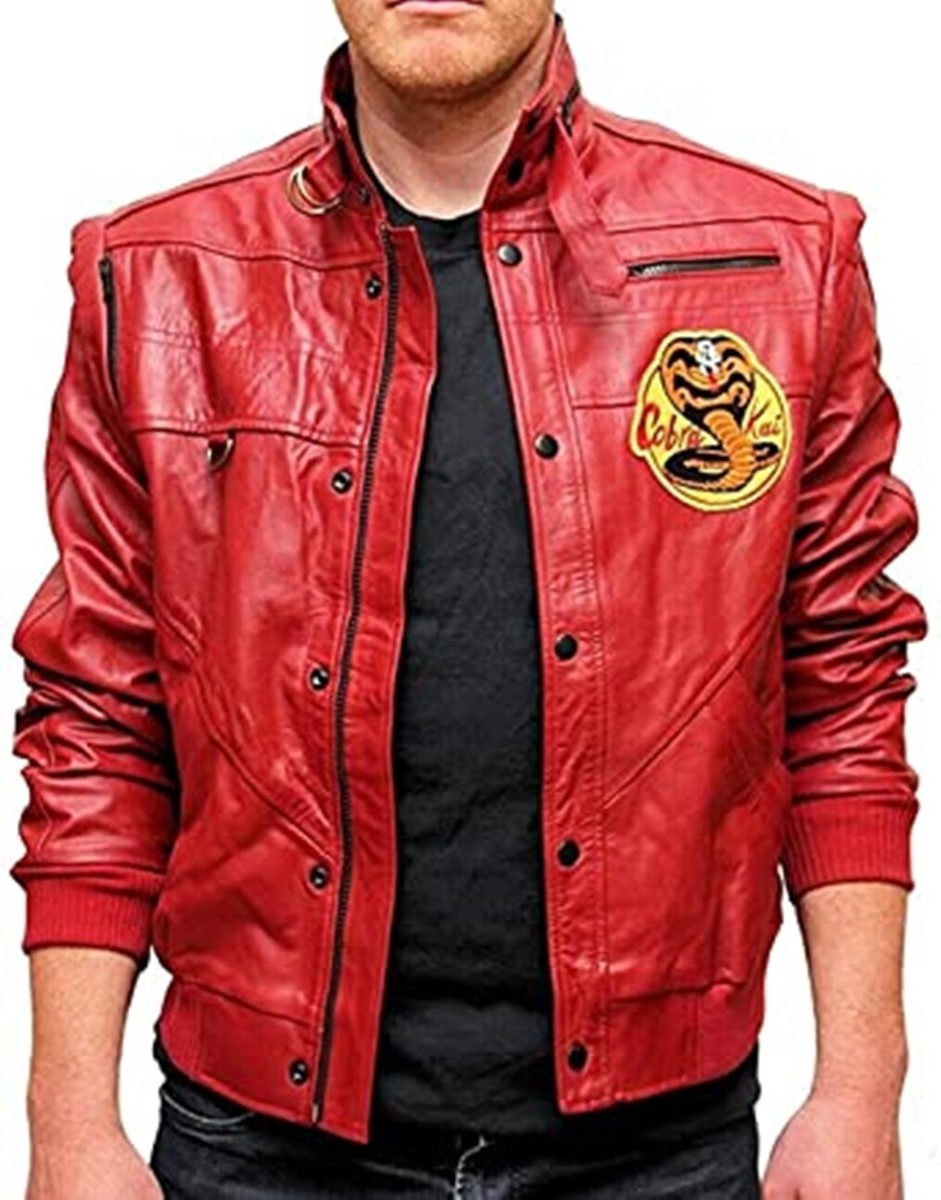 Cobra Kai Karate Kid Johnny Lawrence Red Bomber Black Leather Motorcycle  Jacket