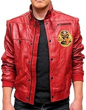 Cobra Kai Karate Kid Johnny Lawrence Red Bomber Black Leather Motorcycle Jacket