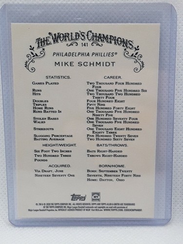 Mike Schmidt 2020 Topps Allen & Ginter Baseball - #141 - Philadelphia Phillies - Picture 2 of 2