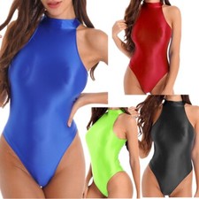 Woman's Glossy Spandex Mock Neck One-piece Bodysuit Leotard Sleeveless Swimsuit