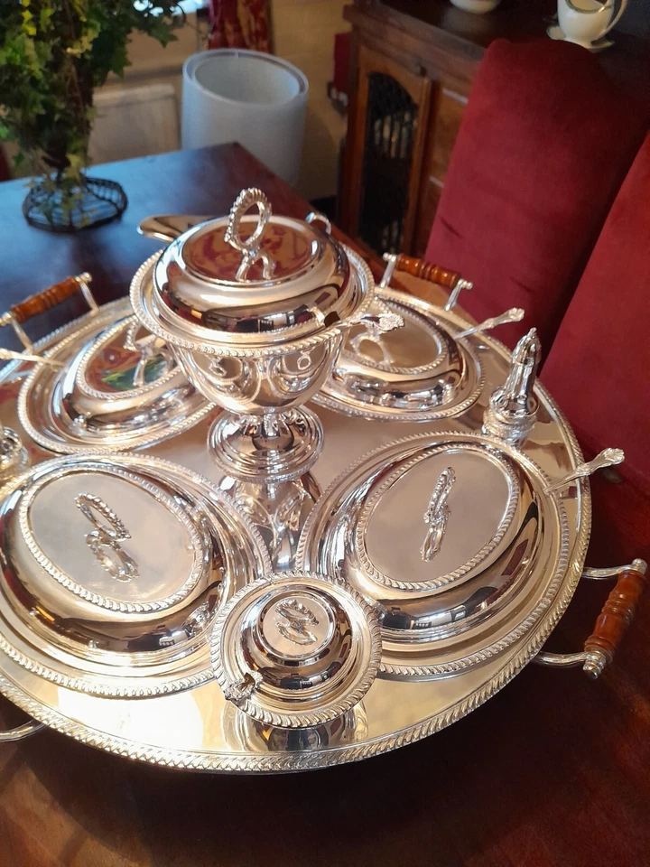 Conjunto de servir estilo antigo banhado a prata Baine Marie Lazy Susan - Imagem 2 de 4