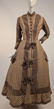LATE 1860 S PINSTRIPED TAN BOMBAZINE DRESS W BOWS SIDE POCKET DETAIL
