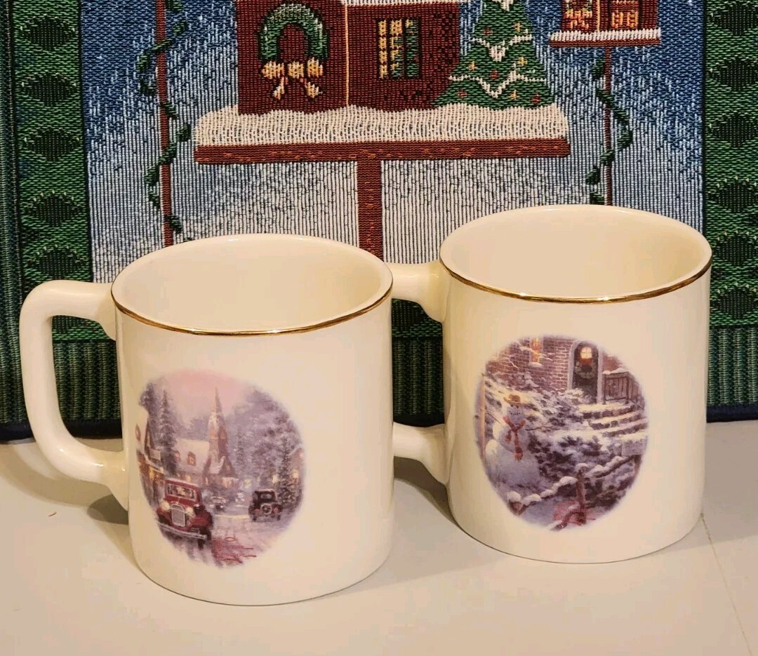 2000 Thomas Kinkade Village Christmas Snowman Street Scene Holiday Mugs Set of 2