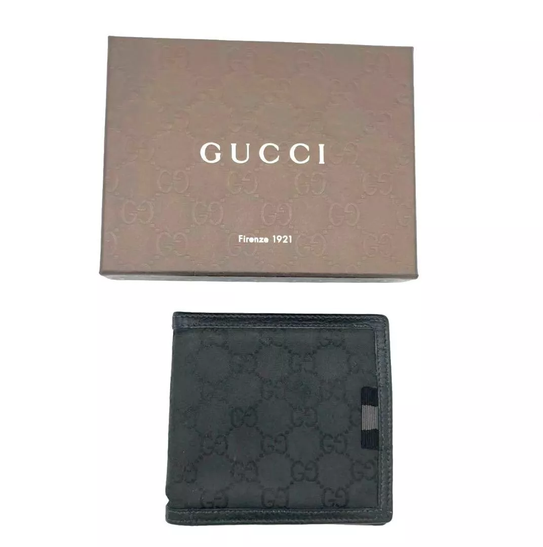 Authentique Portefeuille Gucci Bi pli GG Supreme Nylon Sherry Line Noir avec boîte 15041