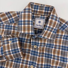 David Donahue Button Down Men Medium Blue Brown Plaid Long Sleeve Spread Collar