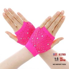 Lusofie Rhinestone Fishnet Gloves for Women Girls Short Mesh Hot Pink