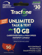 Tracfone 30 Unlimited Carryover data Talk, Text, 10 GB. No contract. 30 days.