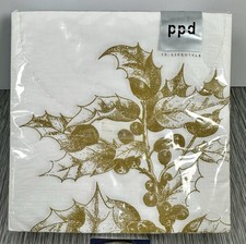 Christmas PPD Napkins Holiday Gold Holly with Berries Decoupage Decor 13"x13"