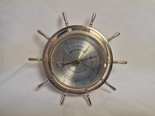 VTG SPRINGFIELD INSTRUMENT WALL HANGING GOLD BAROMETER NAUTICAL WHEEL METER USA 