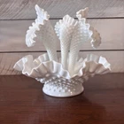 Vintage Fenton Epergne Trumpet Vase Hobnail 3 Horn Ruffled Bowl Milk Glass