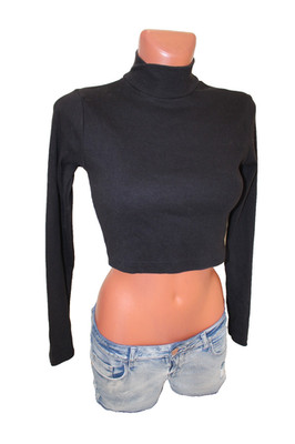 Missguided Shirt S 36 bauchfrei schwarz gerippt langarm Stehkragen stretchig