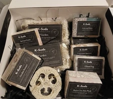 Assorted Handmade Soap And Shampoo Box K-Suds 9 Different Bars 🧼🫧🧴 And Loofah