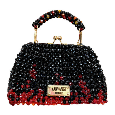 ZARBAGH Handmade Beaded Clutch Purse | Black Red Flame Crystal Bag with Pouch