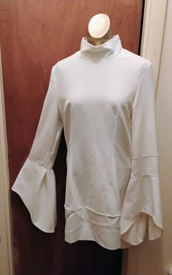 Funky Vintage 80s White Space Age Disco Bell Sleeves Pat Richards Mini Dress M L
