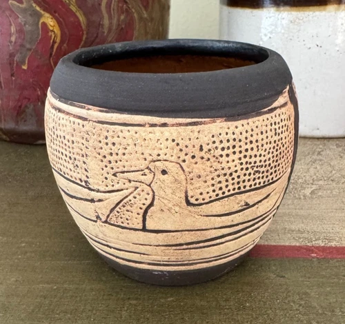 Antique Weller Claywood Art Pottery (c. 1910s) Ducks Pot Vase 2 3/4"H x 3 1/4”