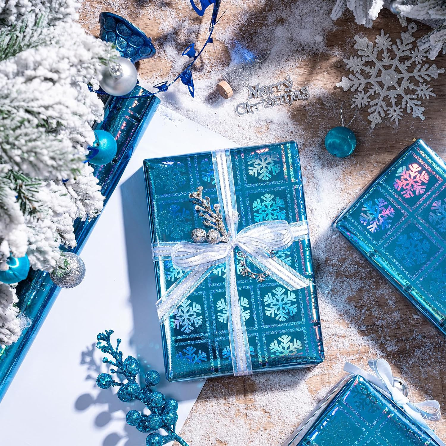 Blue Holographic Wrapping Paper, Metallic Square Snowflake Print for New Year, C
